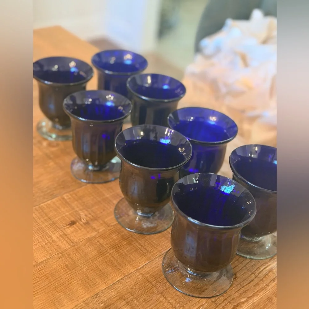 8 Handblown Cobalt Drinking Glasses. 4”T. Pedestal | Vintage | Vibrant | EUC
